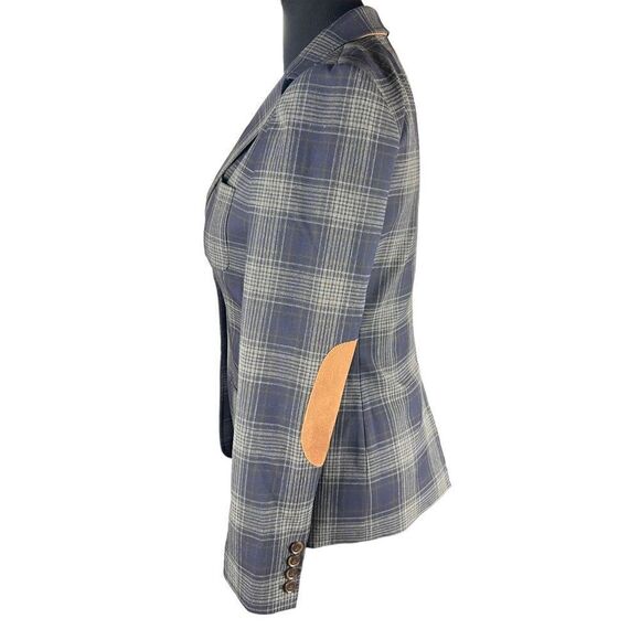 Tommy Hilfiger plaid blue gray patch sleeve tartan 2 button blazer fitted 8 - Picture 2 of 6